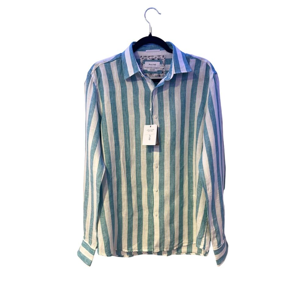 Porter and Ash 100% Linen White and Turquoise Long Sleeved Shirt